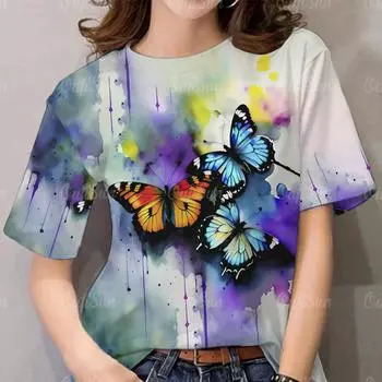 Топ Женская футболка с принтом бабочек Женская футболка большого размера Популярная одежда Женская одежда Футболки с коротким рукавом Блузка Y2K M
