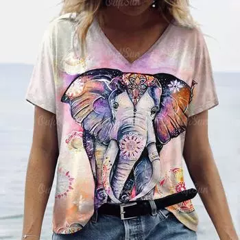 Топ Женская футболка с принтом слона Женская футболка большого размера Летняя женская одежда Футболки с V-образным вырезом и принтом животных Женская мода S