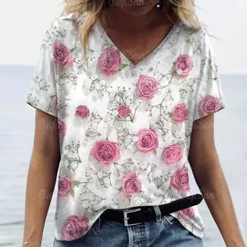 Топ женский розовый цветочный принт женская футболка свободная футболка популярная одежда женская одежда футболки с коротким рукавом блузка 5XL S