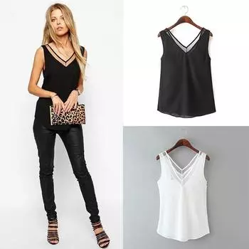 Топ женский шифоновый жилет Blusas Топы без рукавов Лоскутная футболка V-образный вырез Нижняя кофточка Прозрачная сетка Летняя повседневная майка S чёрный