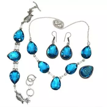 Topaz Blue London Jewelry Set Gemstone Necklace Gift Sterling