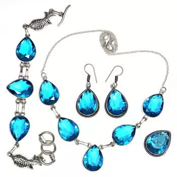 Топаз Blue London Ювелирный комплект Драгоценный камень Ожерелье Подарочный стерлинговый