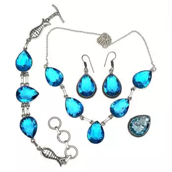 Топаз Blue London Ювелирный комплект Драгоценный камень Ожерелье Подарочный стерлинговый