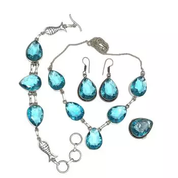 Топаз Blue London Ювелирный комплект Драгоценный камень Ожерелье Подарочный стерлинговый