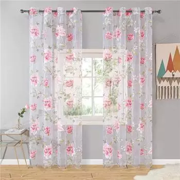 Topfinel Цветочные прозрачные оконные шторы для окон Роскошные прозрачные шторы для кухни Гостиная Панель для окон в спальне Люверс W100xH130 жёлтый