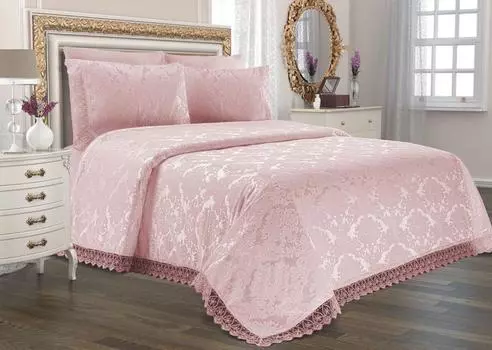Topkapi Chenille Bedspread Set, Coverlet 235x250 with Pillowcase, Jacquard Fabric, Full Size, Double Size Pink