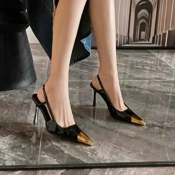 Тополь тот же металлический маленький квадратный носок сексуальный задний пустой сандалии женские черные лакированные тонкие каблуки сбоку пустой железный носок высокие каблуки 34