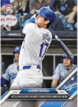 Topps 351 Шохей Охтани выбивает хоумран для первого отбивающего в двух последовательных играх и побивает рекорд «Доджерс» с 10 RBI подряд.