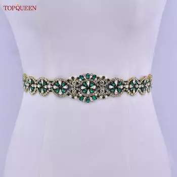 TOPQUEEN S161-KL Новое свадебное платье, пояс для женщин, золотой пояс ручной работы, роскошные аксессуары с поясом, повседневное вечернее платье, зеленые стразы