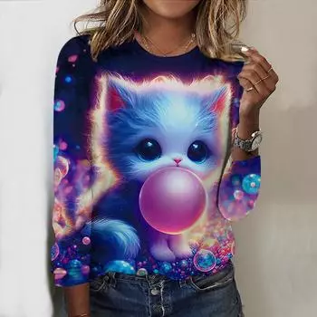 Топы на весну и осень с принтом «Пузырьковый кот» и круглым вырезом, футболка с длинным рукавом, осенний повседневный тонкий пуловер, женский топ с длинным рукавом XS розовый