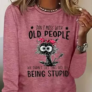 Tops For Women 3D Black Hair Cat Print Round Neck Long Sleeve T-shirt Fall Casual Slim Pullover Women s Long Sleeve Top XS розовый