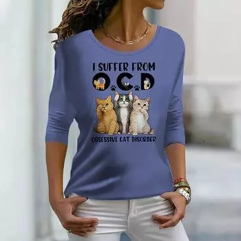 Tops For Women 3D Purple Letter Cat Print Round Neck Long Sleeve T-shirt Fall Casual Slim Pullover Women s Long Sleeve Top XS фиолетовый