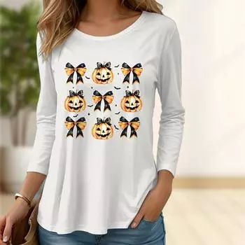 Топы для женщин с принтом тыквы в форме банта, с круглым вырезом и длинным рукавом, футболка, осенний повседневный тонкий пуловер, женский топ с длинным рукавом XS белый