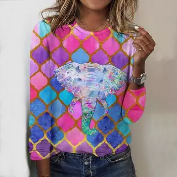 Топы для женщин с принтом в виде чешуи рыбы и бриллиантов, с круглым вырезом и длинными рукавами, осенний повседневный тонкий пуловер, женский топ с длинными рукавами XS розовый