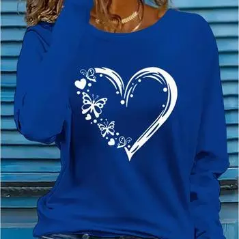 Топы для женщин в форме сердца с принтом бабочек и милых кошек, круглый вырез, длинный рукав, футболка, осенний повседневный тонкий пуловер, женский топ с длинным рукавом XS чёрный