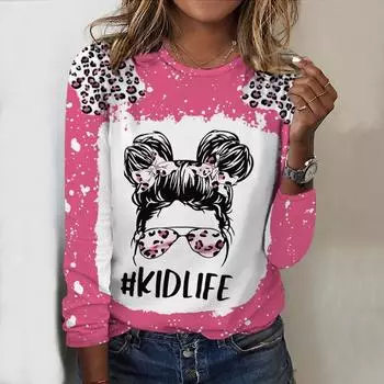 Топы для женщин с леопардовым принтом, принтом очков, круглым вырезом и длинным рукавом, футболка, осенний повседневный тонкий пуловер, женский топ с длинным рукавом XS розовый