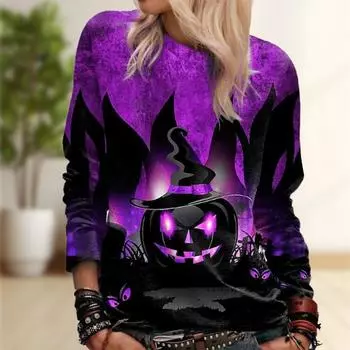 Tops For Women Magic Pumpkin Print Round Neck Long Sleeve T-shirt Fall Casual Slim Pullover Women s Long Sleeve Top XS фиолетовый