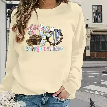 Топы для женщин с принтом «Кролик Фестиваль» с круглым вырезом и длинными рукавами, осенняя повседневная тонкая кофта-пуловер для женщин с длинными рукавами XS розовый