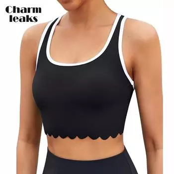 Топы бикини Charmleaks для женщин, с круглым вырезом, в рубчик, с зубчатым верхом, мягкий купальный костюм, топ, спортивный купальник, топ S чёрный