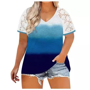 Топы больших размеров для женщин, летние повседневные рубашки с v-образным вырезом, кружевные футболки с короткими рукавами XXXL синий