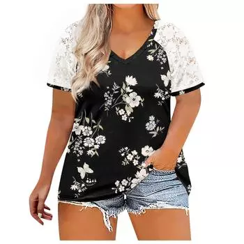 Топы больших размеров для женщин, летние повседневные рубашки с v-образным вырезом, кружевные футболки с короткими рукавами XXXXL чёрный