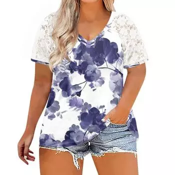 Топы больших размеров для женщин, летние повседневные рубашки с v-образным вырезом, кружевные футболки с короткими рукавами XXXXL фиолетовый