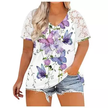 Топы больших размеров для женщин, летние повседневные рубашки с v-образным вырезом, кружевные футболки с короткими рукавами XXL фиолетовый