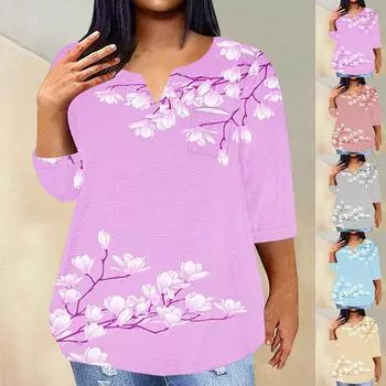 Топы больших размеров для женщин, летняя сексуальная блузка с v-образным вырезом, повседневная свободная блузка с рукавами 3/4 L синий
