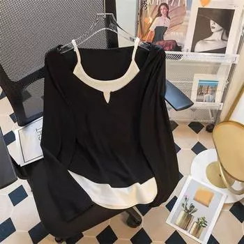 Топы больших размеров, осенние удобные эластичные футболки с длинными рукавами, однотонные топы с v-образным вырезом L чёрный