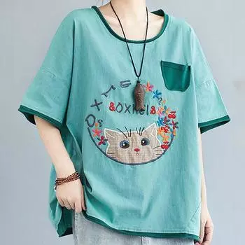 Топы больших размеров, женские летние хлопковые свободные литературные ретро свободные рубашки с круглым вырезом, женские тонкие футболки с короткими рукавами и вышивкой, женские топы XL чёрный