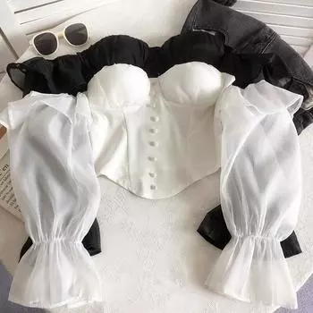 Топы-бюстье на одно плечо, женские короткие рубашки с открытой ключицей для девочек, великодушные короткие рубашки нестандартной формы с длинными рукавами
