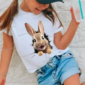 Топы для детей 3D милый кролик принт футболка мода популярная круглый вырез футболка мальчики девочки креативный кролик короткий рукав пасхальная футболка 100cm