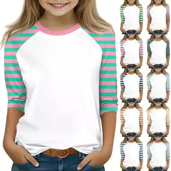 Топы для девочек 4-16 лет с круглым вырезом и рукавами 3/4 Футболки Модные топы Наряды Футболки 100 армия зеленый