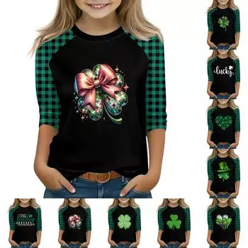 Топы для девочек 4-16 лет с круглым вырезом и рукавами 3/4 Футболки Модные топы Наряды Футболки 110 циан