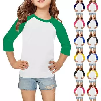 Топы для девочек 4-16 лет с круглым вырезом и рукавами 3/4 Футболки Модные топы Наряды Футболки 130 зелёный