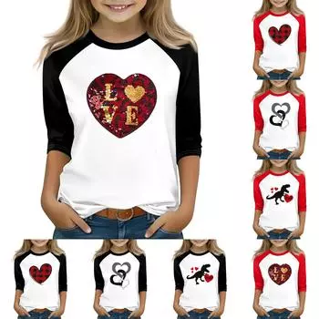 Топы для девочек 4-16 лет с круглым вырезом и рукавами 3/4 Футболки Модные топы Наряды Футболки 140 винный