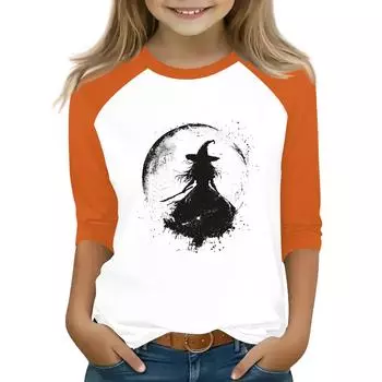 Топы для девочек-подростков 4-16 лет, футболки с круглым вырезом и рукавами 3/4, модные топы, нарядные футболки на Хэллоуин 140 чёрный