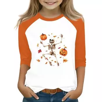 Топы для девочек-подростков 4-16 лет, футболки с круглым вырезом и рукавами 3/4, модные топы, нарядные футболки на Хэллоуин 100 бежевый