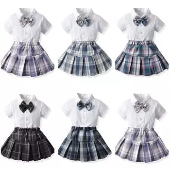 Топы для маленьких девочек, рубашка, клетчатые плиссированные юбки, комплект одежды 80 фиолетовый