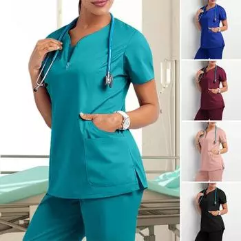 Топы для медсестер Однотонные пуловеры с V-образным вырезом и короткими рукавами и 4 карманами с косой по бокам S чёрный