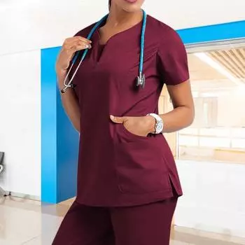 Топы для медсестер Однотонные пуловеры с V-образным вырезом и короткими рукавами и 4 карманами по бокам S чёрный