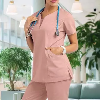 Топы для медсестер, однотонные пуловеры с v-образным вырезом, короткими рукавами и 4 карманами, рабочие топы для персонала больницы S чёрный