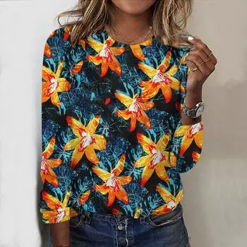 Топы для весны и осени с принтом цветущих кустарников, круглым вырезом и длинными рукавами, футболка, повседневный тонкий женский свитер с длинными рукавами XS розовый