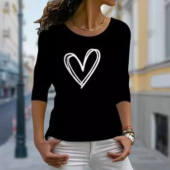 Топы для женщин 3D Белый Любовь Принт Круглый вырез Длинный рукав Футболка Осенний Повседневный Тонкий Пуловер Женский Длинный Рукав Топ XS белый