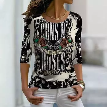 Топы для женщин 3D Black Rose Leopard Print Print Round Neck Long Sleeve T Shirt Fall Casual Slim Pullover Women s Long Sleeve Top XS розовый