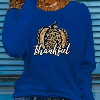 Топы для женщин 3D Благодарная тыква Принт Круглый вырез Длинный рукав Футболка Осенний повседневный тонкий пуловер Женский длинный рукав Топ XS белый