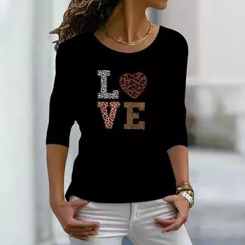 Топы для женщин 3D черный леопардовый принт с буквами круглый вырез длинный рукав футболка осенний повседневный тонкий пуловер женский длинный рукав топ XS чёрный