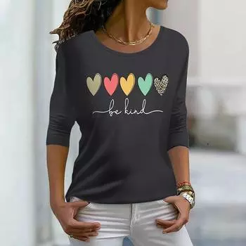 Топы для женщин, 3D цветной леопардовый принт, футболка с принтом сердца и круглым вырезом, футболка с длинными рукавами, осенний повседневный тонкий пуловер, женский топ с длинными рукавами XS серый