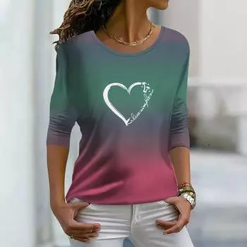 Топы для женщин 3D фиолетовый градиент сердечный принт круглый вырез длинный рукав футболка осенний повседневный тонкий пуловер женский длинный рукав топ XS фиолетовый