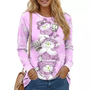 Топы для женщин, 3D фиолетовый мультяшный принт снеговика, футболка с круглым вырезом и длинными рукавами, осенний повседневный женский топ с длинными рукавами на Рождество XS зелёный